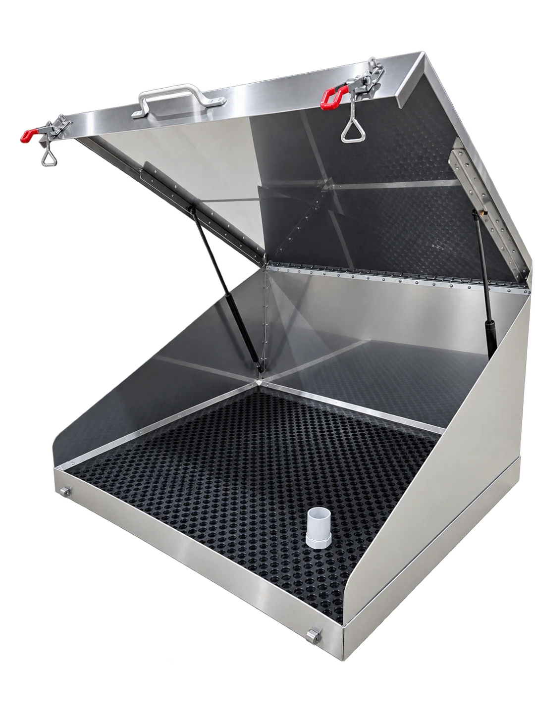 Configuration reference: tray with splashguard and open lid. Material finish to be confirmed.